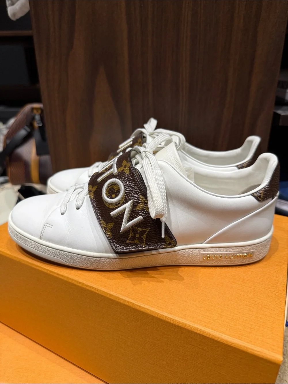 Louis Vuitton White Leather Sneakers with Brown Monogram Strap
